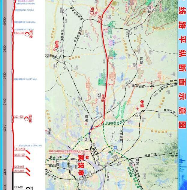 汉宜高铁线路走向示意图 运营线路自武汉枢纽汉口站引出,跨汉北河在